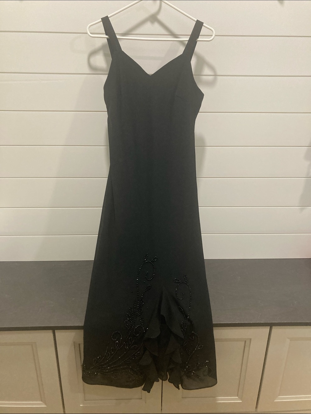 Vintage 90s Y2K R&M Richards Black Beaded Asymmetric Ruffle Slit Dress Sz 8P EUC